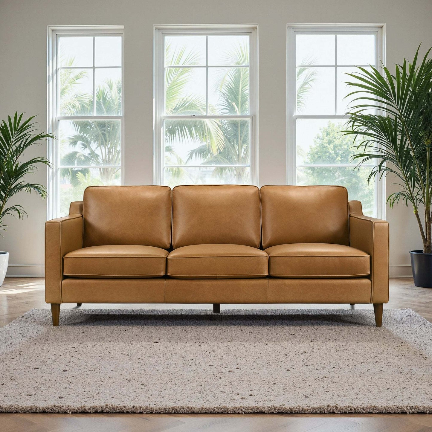 NestEdge ‘CooperLuxe” Sofa – Tan Leather | Mid-Century Modern Comfort