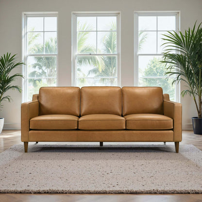 NestEdge ‘CooperLuxe” Sofa – Tan Leather | Mid-Century Modern Comfort