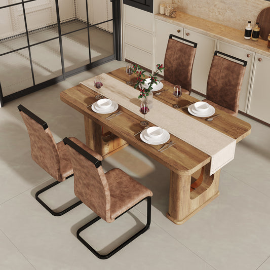 Veltra 5‑Piece Dining Set – Oak-Look Table with 4 Arched Brown Fabric Chairs