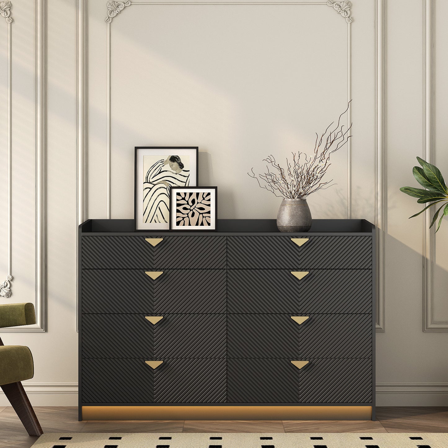 GlintEdge 8‑Drawer Dresser – Black Fluted Fronts, Built‑In LED Lighting, Wide Storage Console