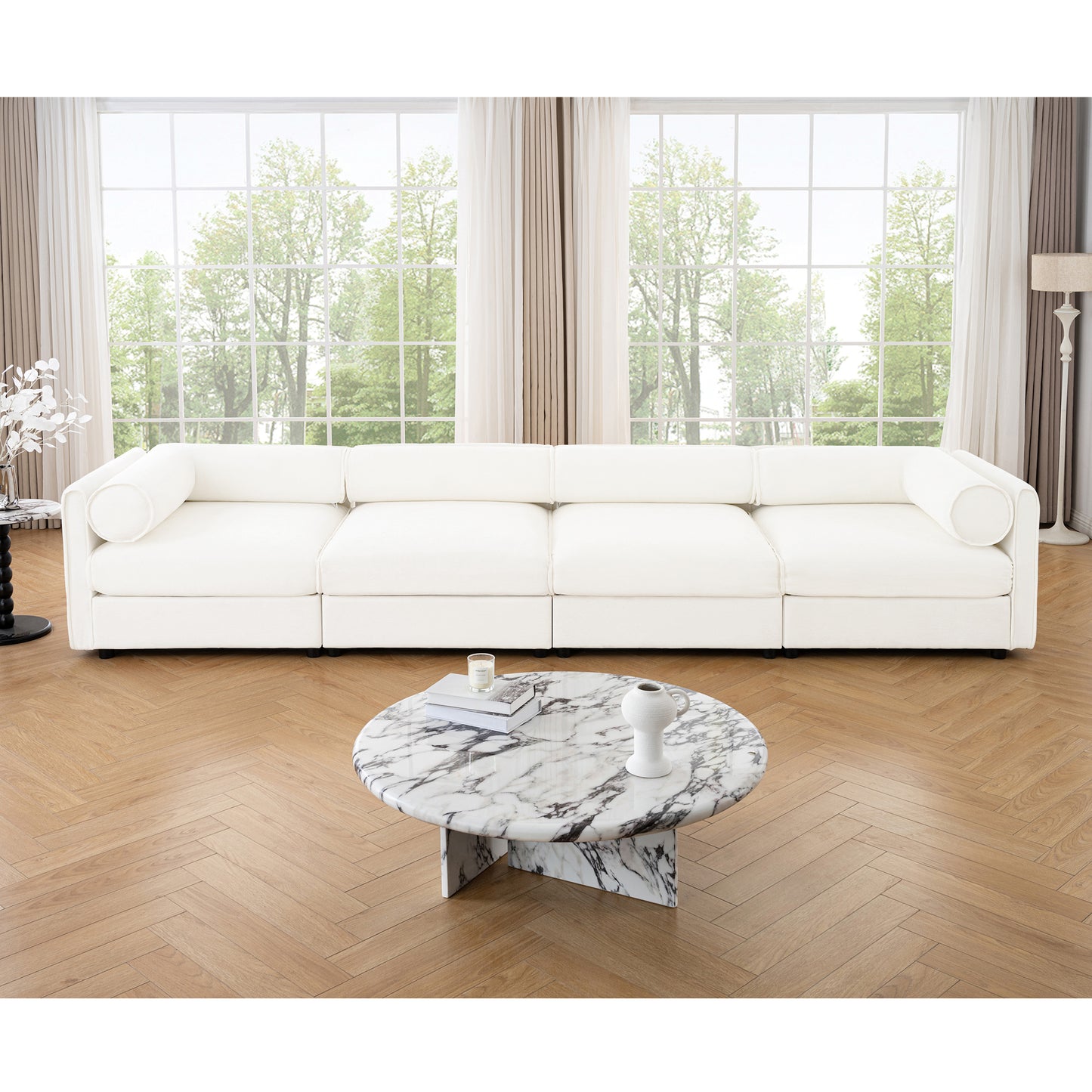 Veluno ‘SnugMod” Sectional – White Upholstery | Modular L-Shape 4-Seater with Storage + Cozy Deep Seat