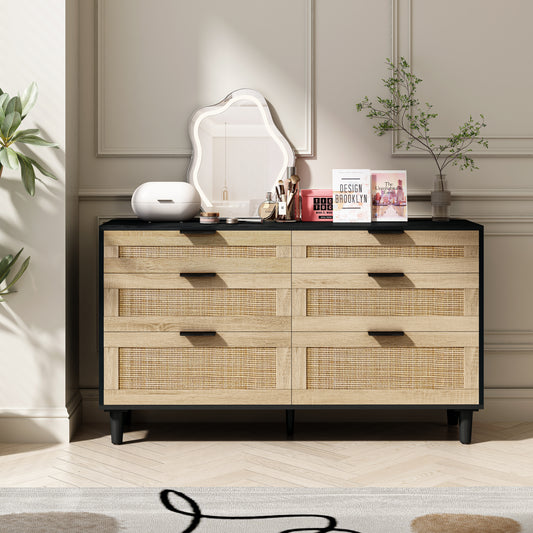 attora 6‑Drawer Dresser – Black Frame with Natural Rattan Texture & Wood Legs
