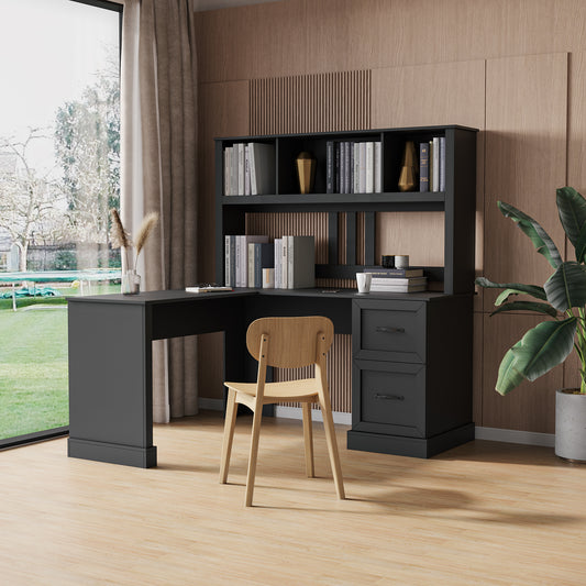 Cresswell Hutch Desk – Antiqued Black Computer Desk with Shelving Unit