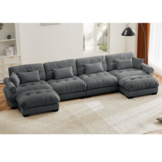 Modular Lounge – Grey Velvet U-Shape 4-Seat Deep Sofa with Movable Ottomans, Bolster Arms, Waist & Accent Pillows