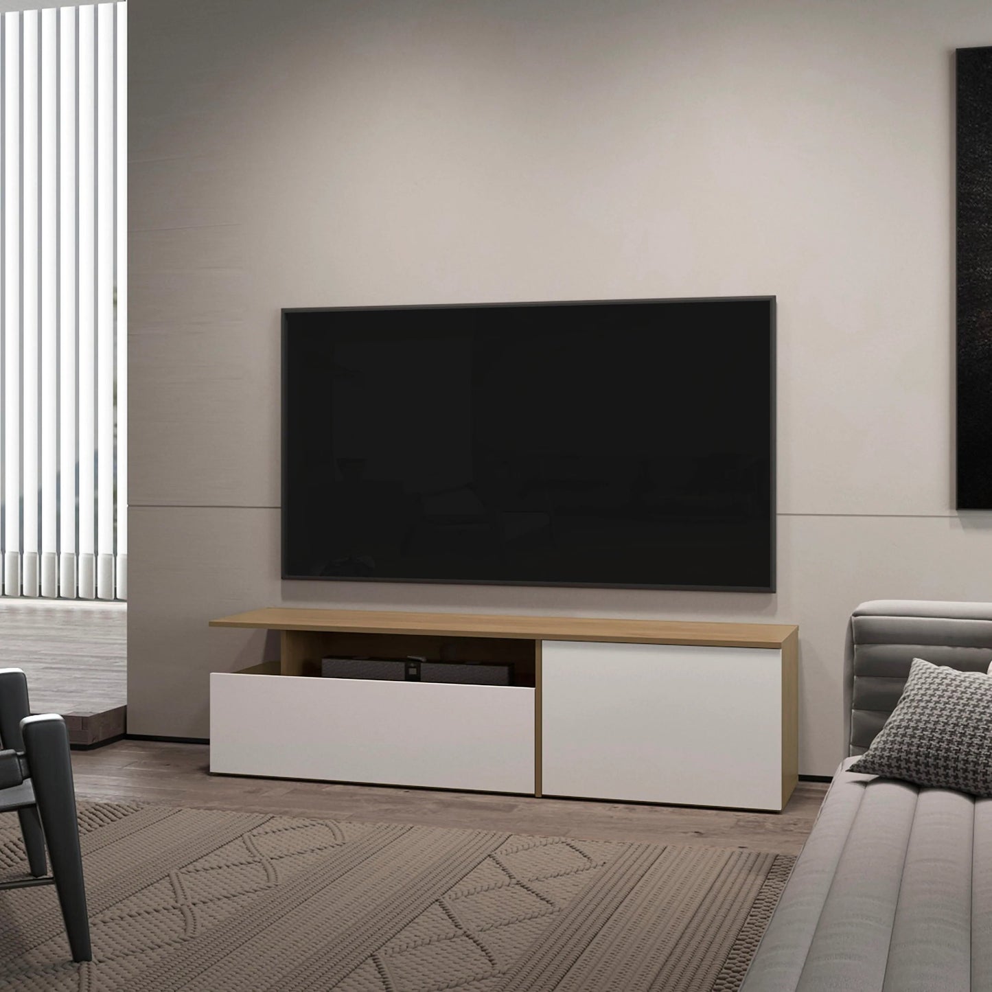 Oakterra TV Stand – Natural Oak + White with Drop-Down Door & Shelf