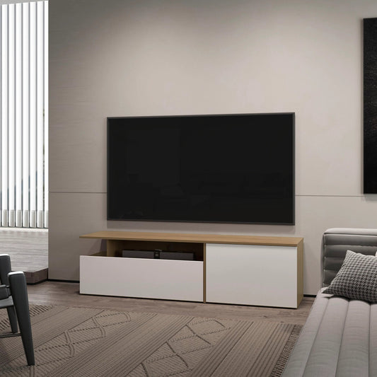 Oakterra TV Stand – Natural Oak + White with Drop-Down Door & Shelf