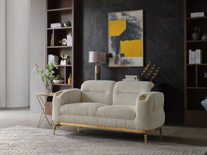 Zoe Signature Loveseat – Cream Upholstered Sofa with Gold Highlights & Wood Detail