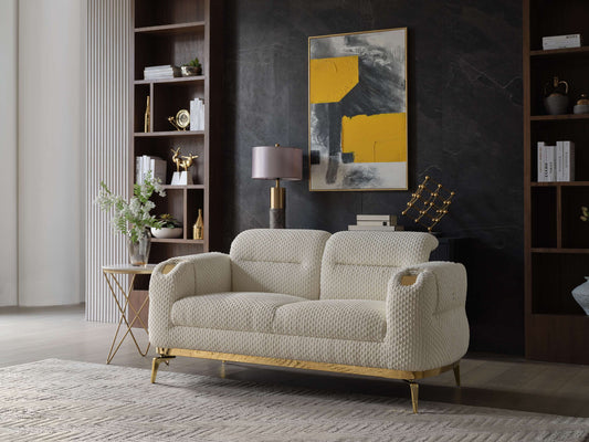 Zoe Signature Loveseat – Cream Upholstered Sofa with Gold Highlights & Wood Detail