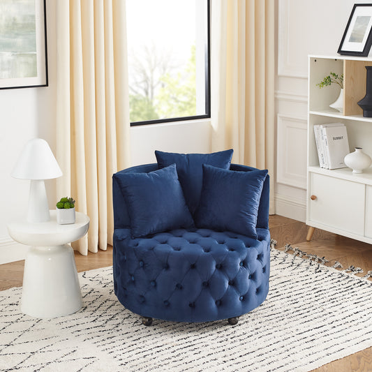 Orvia Swivel Chair – Blue Velvet Tufted Seat with Wheels and 3 Accent Pillows