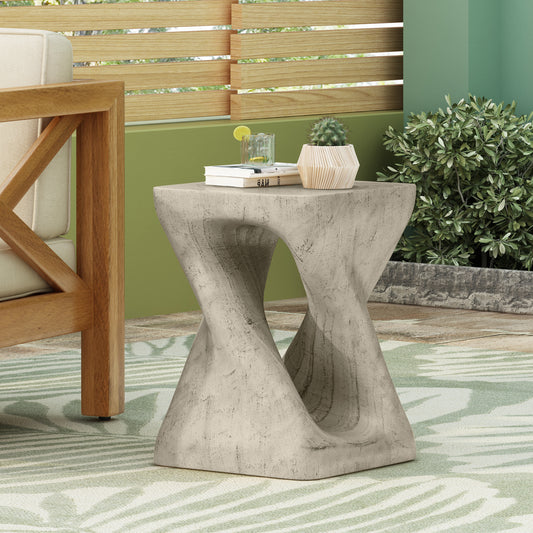 Gryno Twist Table – Grey Woodlook with Sculpted Spiral Form