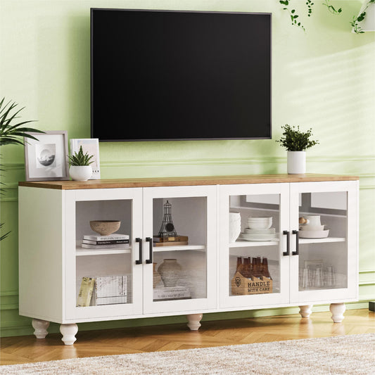 Farmessa Console – White Farmhouse TV Stand with Tempered Glass Doors (Up to 70")