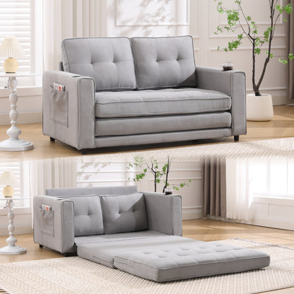 Nestella™ 3-in-1 Convertible Futon Loveseat – Light Gray Pull-Out Sleeper with Cup Holder & Side Pockets