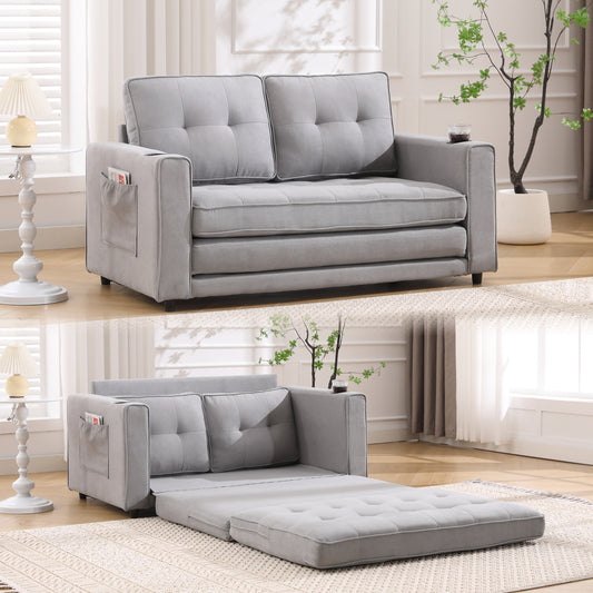 Nestella™ 3-in-1 Convertible Futon Loveseat – Light Gray Pull-Out Sleeper with Cup Holder & Side Pockets