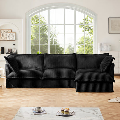 JUSTLIVE ‘Comfina Luxe” Sectional – Black Corduroy | L-Shape Slipcovered Sofa + Deep Seat + Cloud Comfort + Ottoman