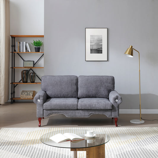Monaco Grey Luxe Loveseat – Modern Linen Sofa with Crystal Button Tufting & Copper Trim