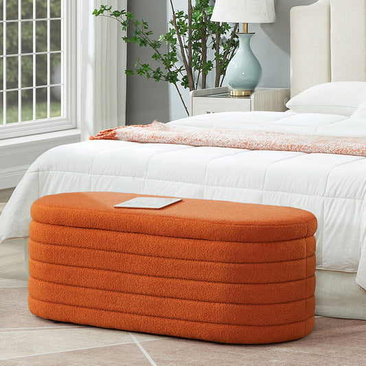 Klovi Oval Storage Bench – Orange Bouclé End-of-Bed Ottoman with Hidden Storage
