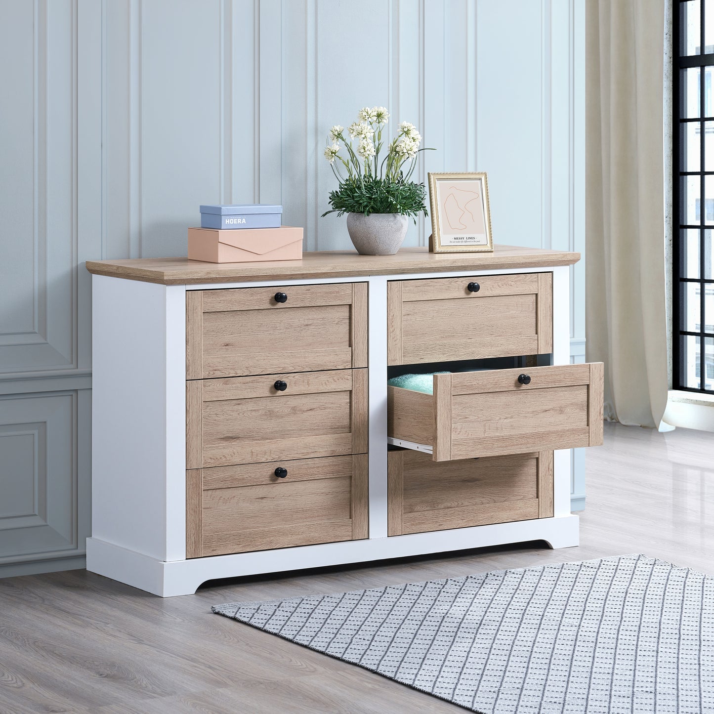 Autumna DuoTone Dresser – White & Oak 6-Drawer Storage Cabinet with Smooth Interlock Slides