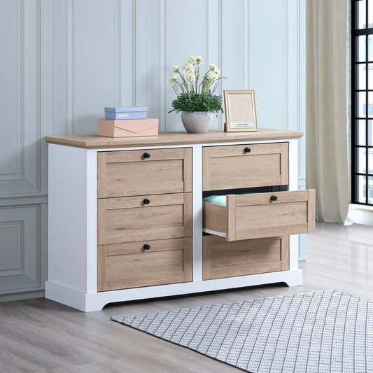 Autumna DuoTone Dresser – White & Oak 6-Drawer Storage Cabinet with Smooth Interlock Slides