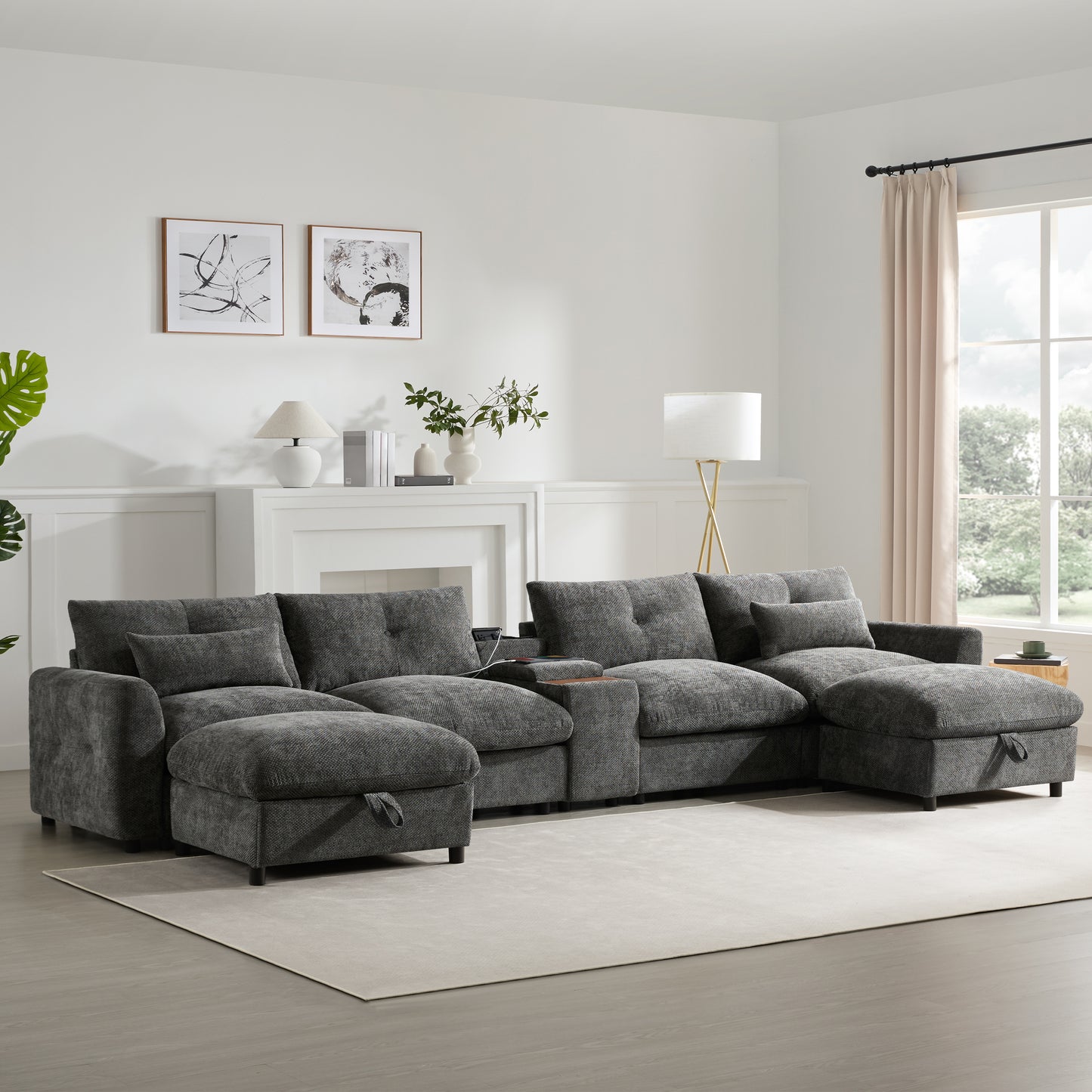NestEdge ‘FlexNest” Modular Sofa – 142” U-Shape Chenille | Storage Ottoman + Console + USB + Cup Holders