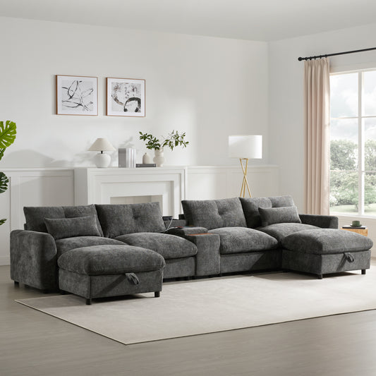 NestEdge ‘FlexNest” Modular Sofa – 142” U-Shape Chenille | Storage Ottoman + Console + USB + Cup Holders
