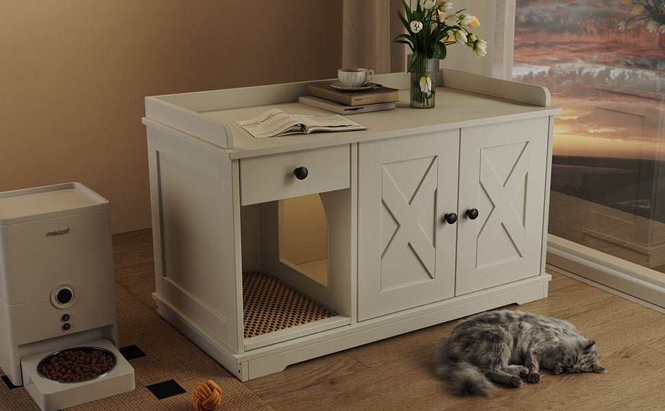 Nuvio Farmhouse Litter Cabinet – White Cat Enclosure with Drawer, Litter Mat & Side Table Functionality - JUSTLIVE NESTJUSTLIVE NEST