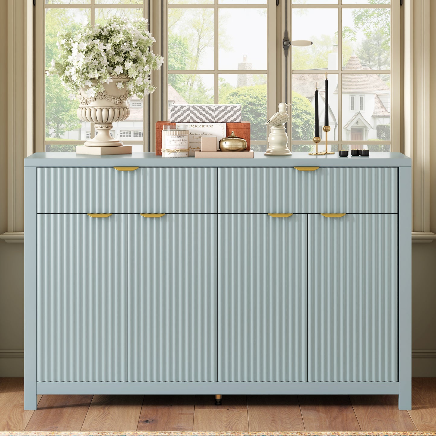 Wavelle Grand Sideboard – Modern 4-Door + 2-Drawer Wave Cabinet, Aluminum Arc Handles
