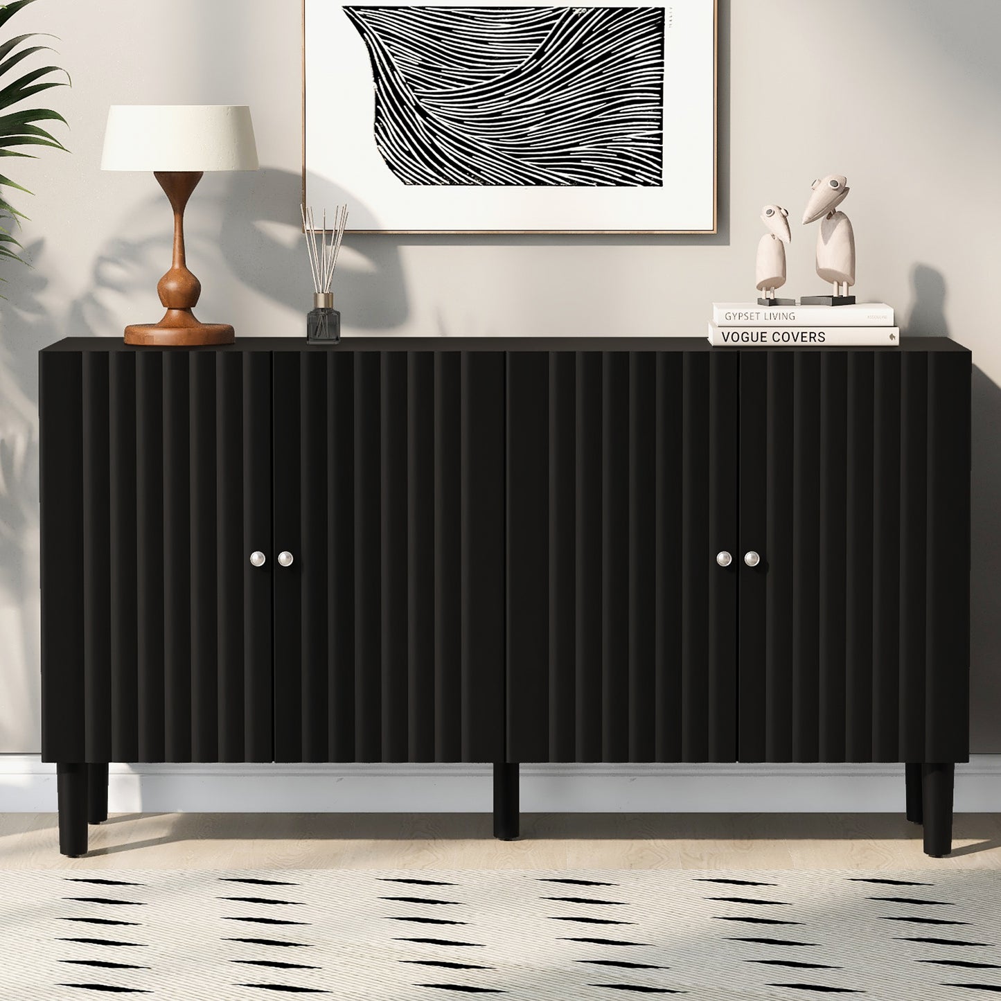 Wavelle Sideboard – Elegant Black 4-Door Cabinet with Wavy Fronts and Metal Handles