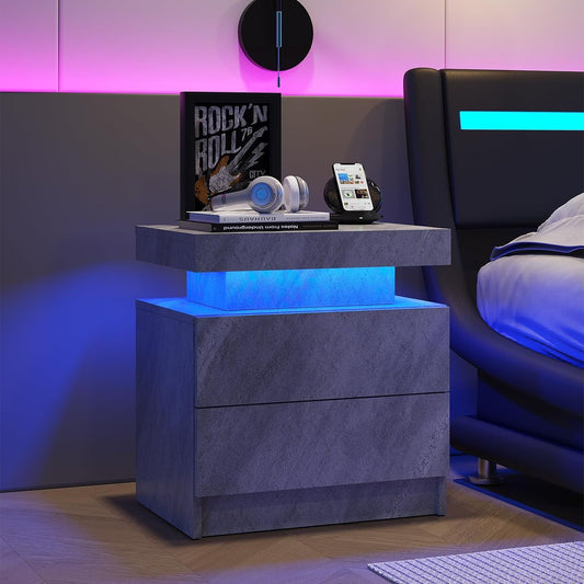 Vionix Glow Table – Deep Gray LED Bedside Cabinet with 2 Drawers & Built-In Lights