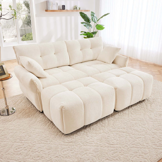 Duo Plush Lounge – White Chenille 2-Seat Sofa Set with Twin Ottomans & Accent Pillows