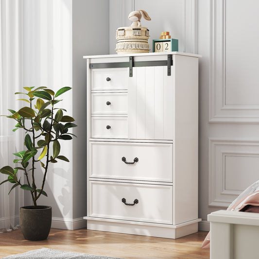 Alderly SlideCab – 5-Drawer Tall Cabinet with Sliding Door & Shelf Storage