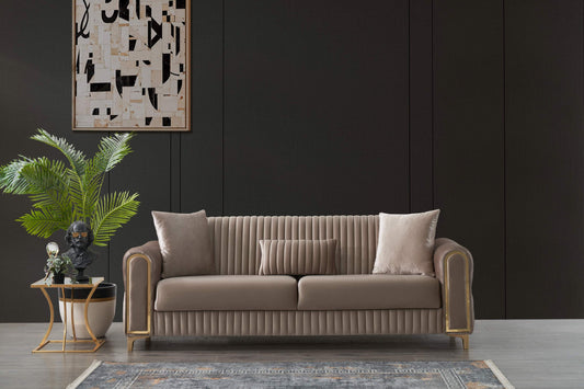 JUSTLIVE ‘Comfina Luxe” Sleeper Sofa – Taupe Velvet | Contemporary Convertible + Wood & Iron Frame