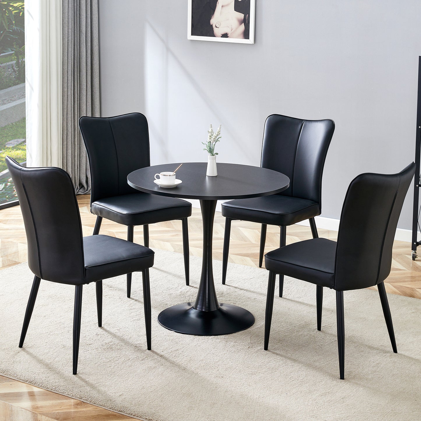 Noxel 5‑Piece Compact Dining Set – Black Round Table with 4 PU Chairs