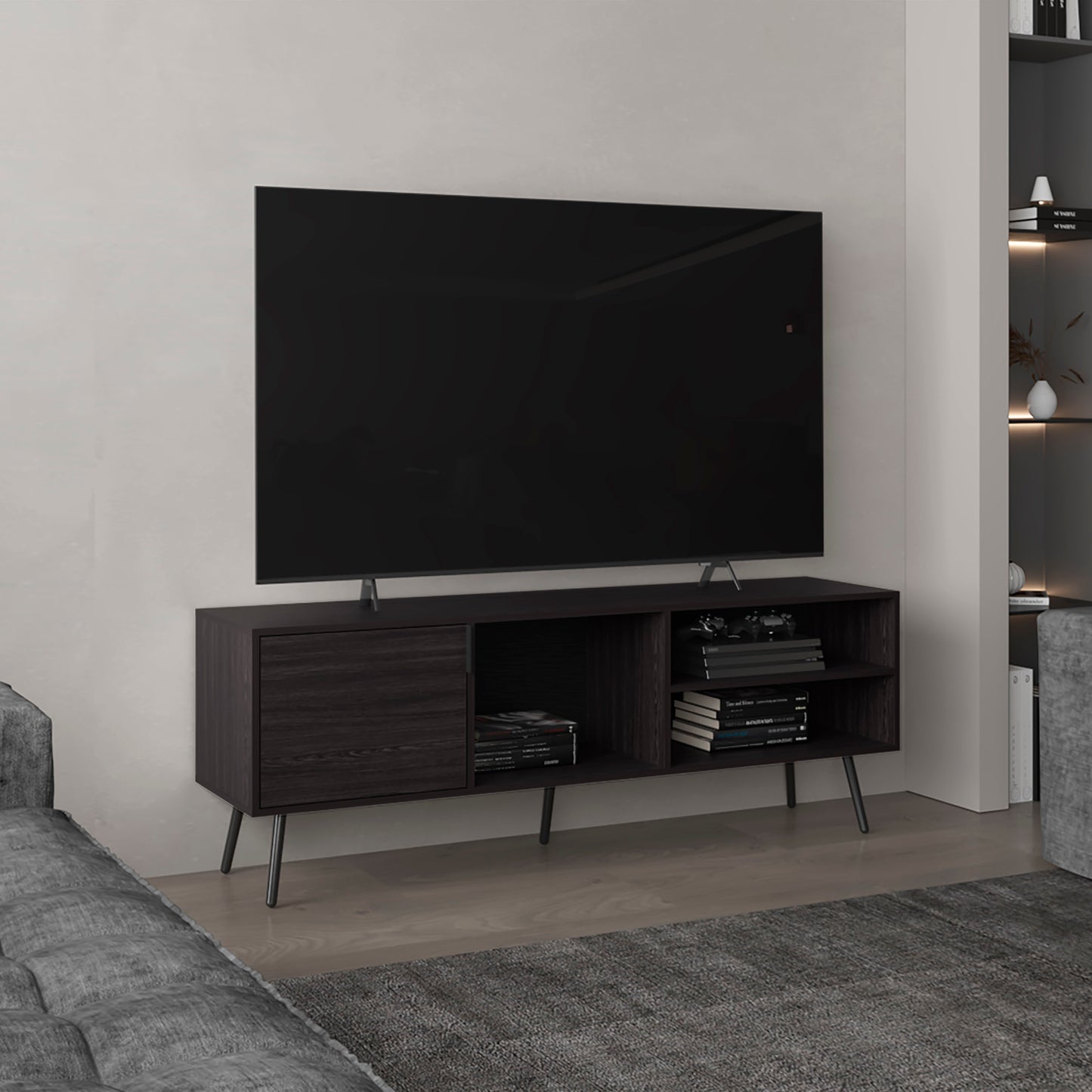 Vulnera Console – 63" Black Wengue TV Stand with Cabinet & 3 Shelves