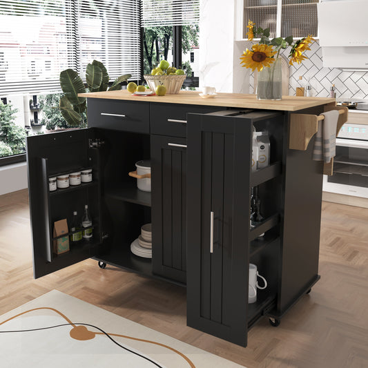 K&K Tiered Storage Island – Black Cart with Pull-Out Shelves, Towel Rack & Drawers