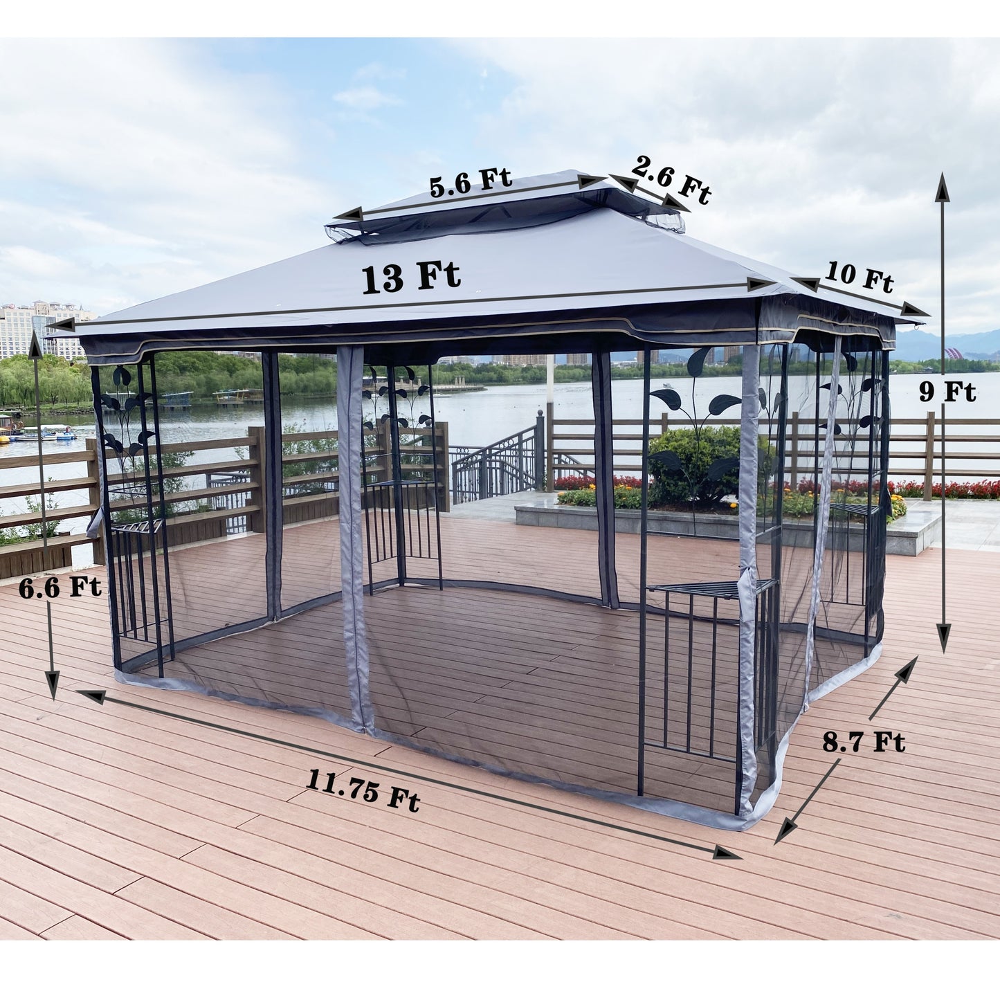 Aurelia 13x10' Soft - Top Gazebo – Double Roof Garden Pavilion with Mosquito Netting (Gray Canopy) - JUSTLIVE NESTJUSTLIVE NEST