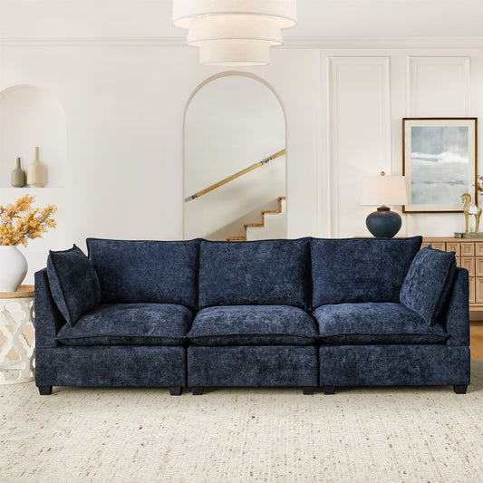 Elysian Deep Seat Sofa – Plush Blue Chenille 3-Seater with Lumbar Comfort