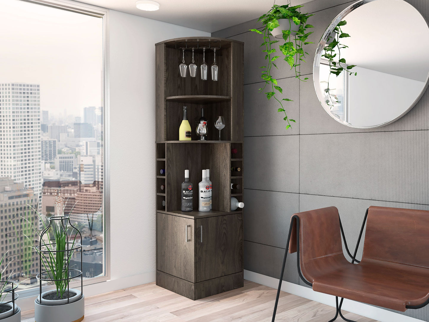 Seattle Bar Cabinet – Black Open-Shelf Unit with 8 Bottle Cubbies and Dual Display Zones