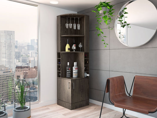 Seattle Bar Cabinet – Black Open-Shelf Unit with 8 Bottle Cubbies and Dual Display Zones