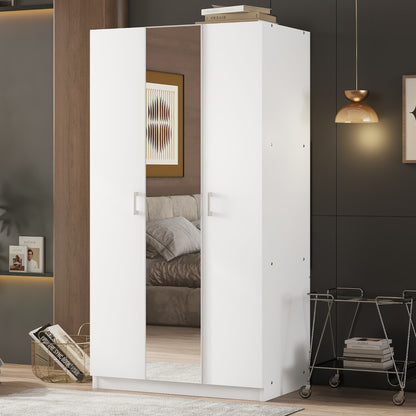 Viero 3‑Door Mirror Wardrobe – Hanging Rod & 3 Shelves, White Armoire with Built‑in Mirror