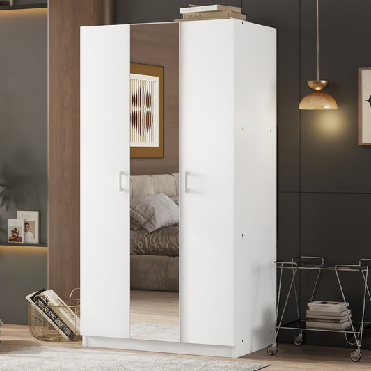Viero 3‑Door Mirror Wardrobe – Hanging Rod & 3 Shelves, White Armoire with Built‑in Mirror