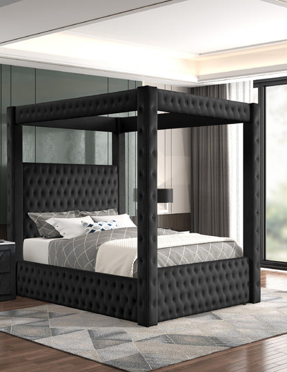 Majesta Canopy Bed – Black Velvet King Four-Poster with Tufted Headboard & Footboard