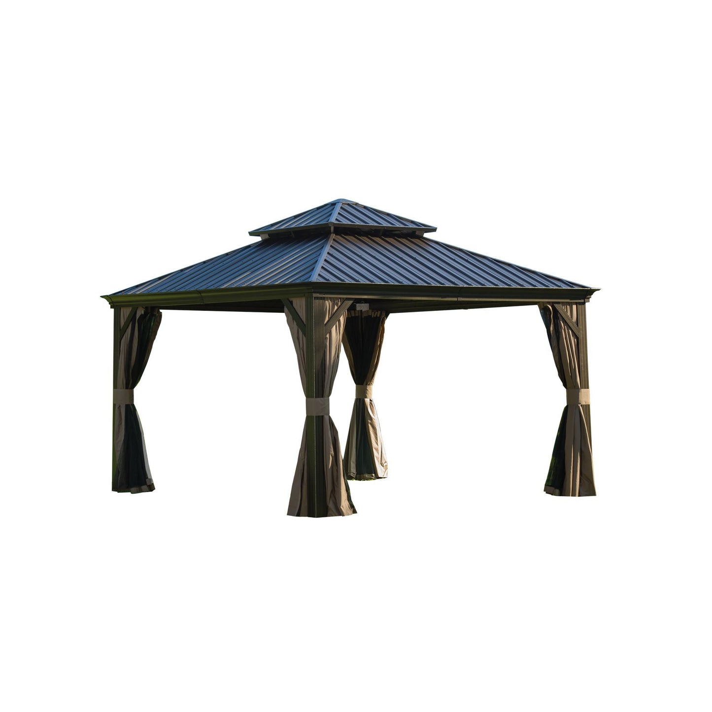 Aurelia 12x12' Hardtop Gazebo – Brown Aluminum Pavilion with Galvanized Steel Roof, Curtains & Netting - JUSTLIVE NESTJUSTLIVE NEST