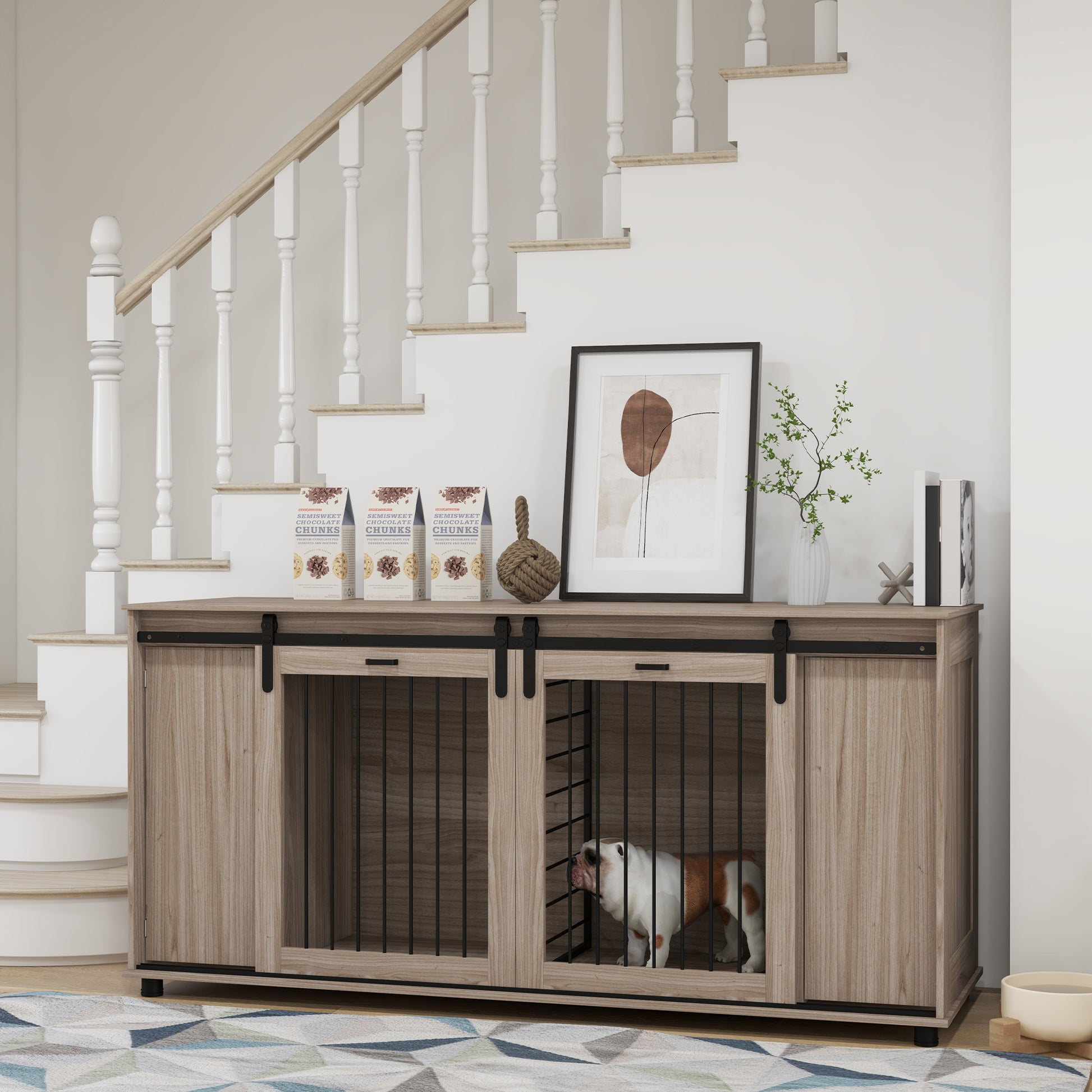 Hollo 71" Dual Crate Console – Walnut Dog Kennel Table with Divider & Storage for 1 or 2 Dogs - JUSTLIVE NESTJUSTLIVE NEST