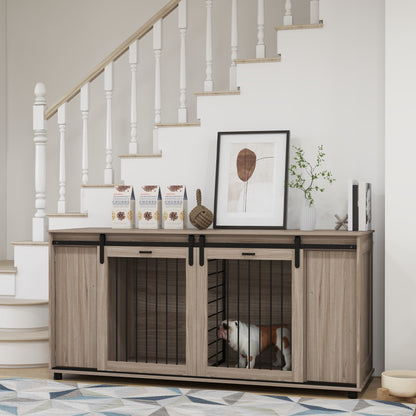 Hollo 71" Dual Crate Console – Walnut Dog Kennel Table with Divider & Storage for 1 or 2 Dogs - JUSTLIVE NESTJUSTLIVE NEST