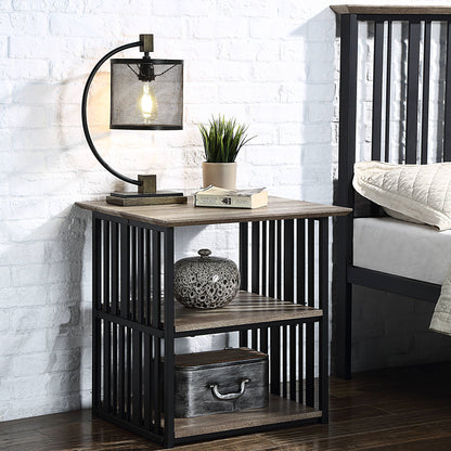Andryn Tiered Table – Antique Oak & Black Nightstand with 3 Open Shelves