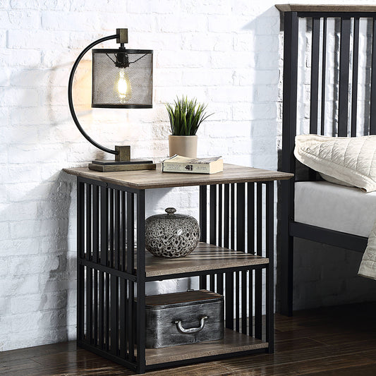 Andryn Tiered Table – Antique Oak & Black Nightstand with 3 Open Shelves
