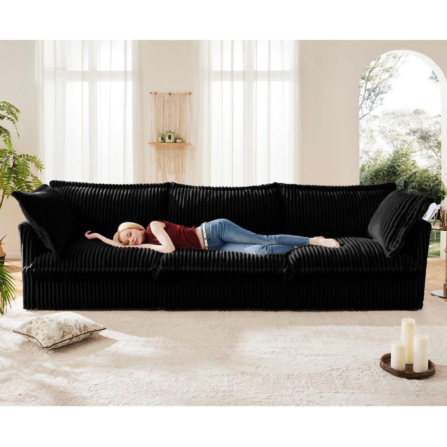 JUSTLIVE ‘Comfina Luxe” Sofa – Black Corduroy | Slipcover 3-Seat + Deep Cushion + Big Cozy Pillows