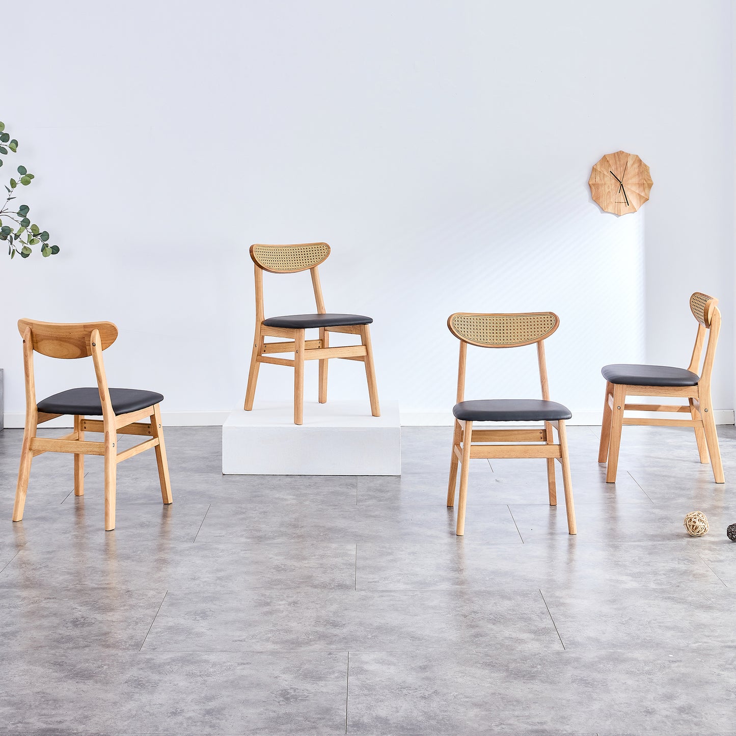CozyWood Dining Chairs – 4 Rattan-Look Rubberwood Chairs with PU Cushions