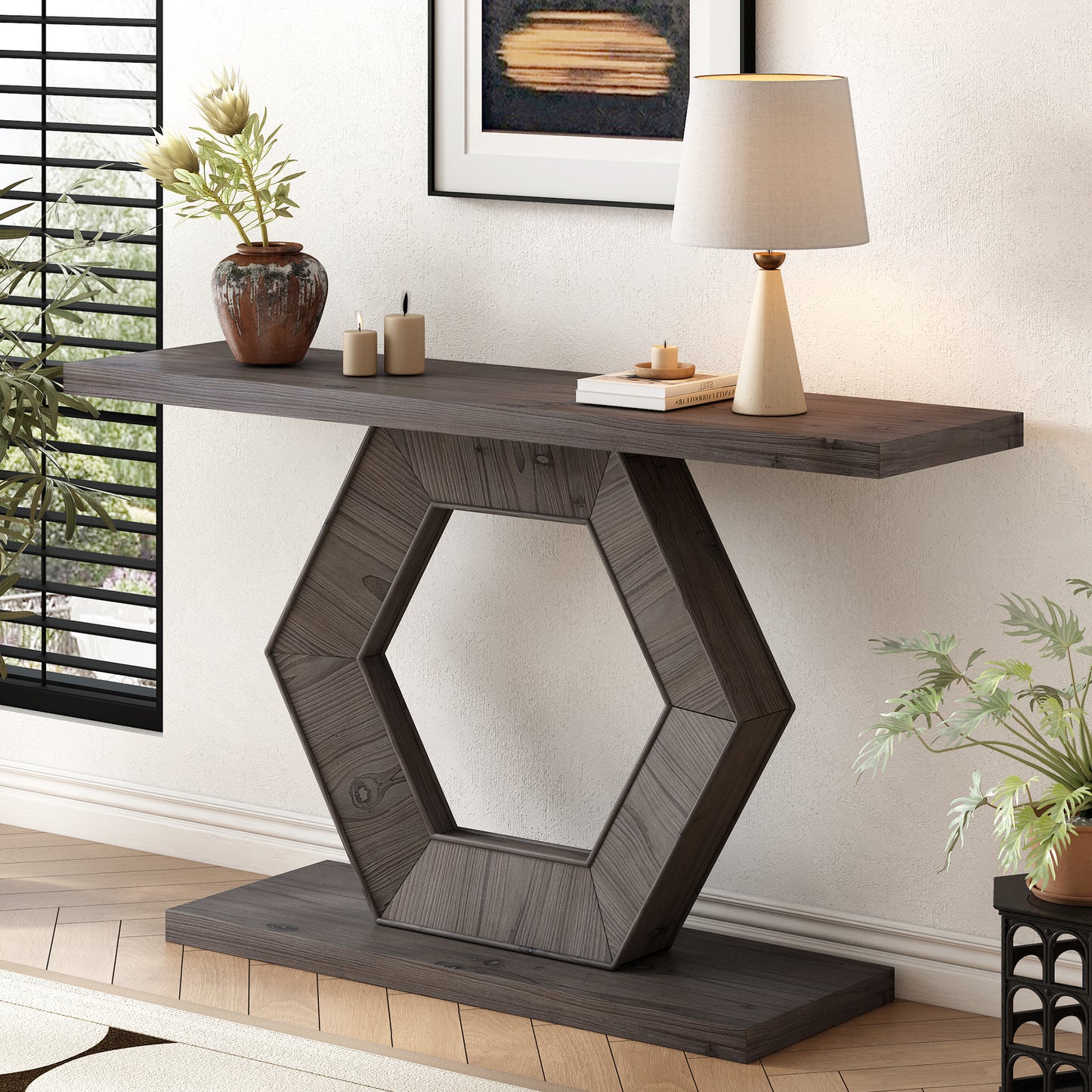 Hexon Entry Table – Hollow Hexagon Leg Frame with Fir Veneer Finish