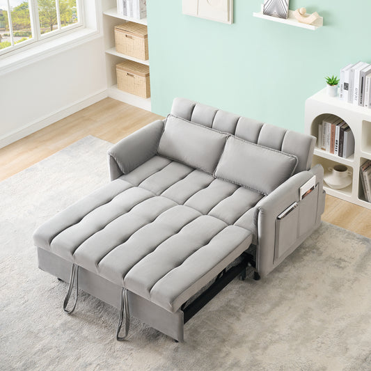 JUSTLIVE ‘Comfina Luxe” Sofa – Grey Velvet | Convertible 3-in-1 Loveseat + Pull-Out Bed + Hidden Pockets
